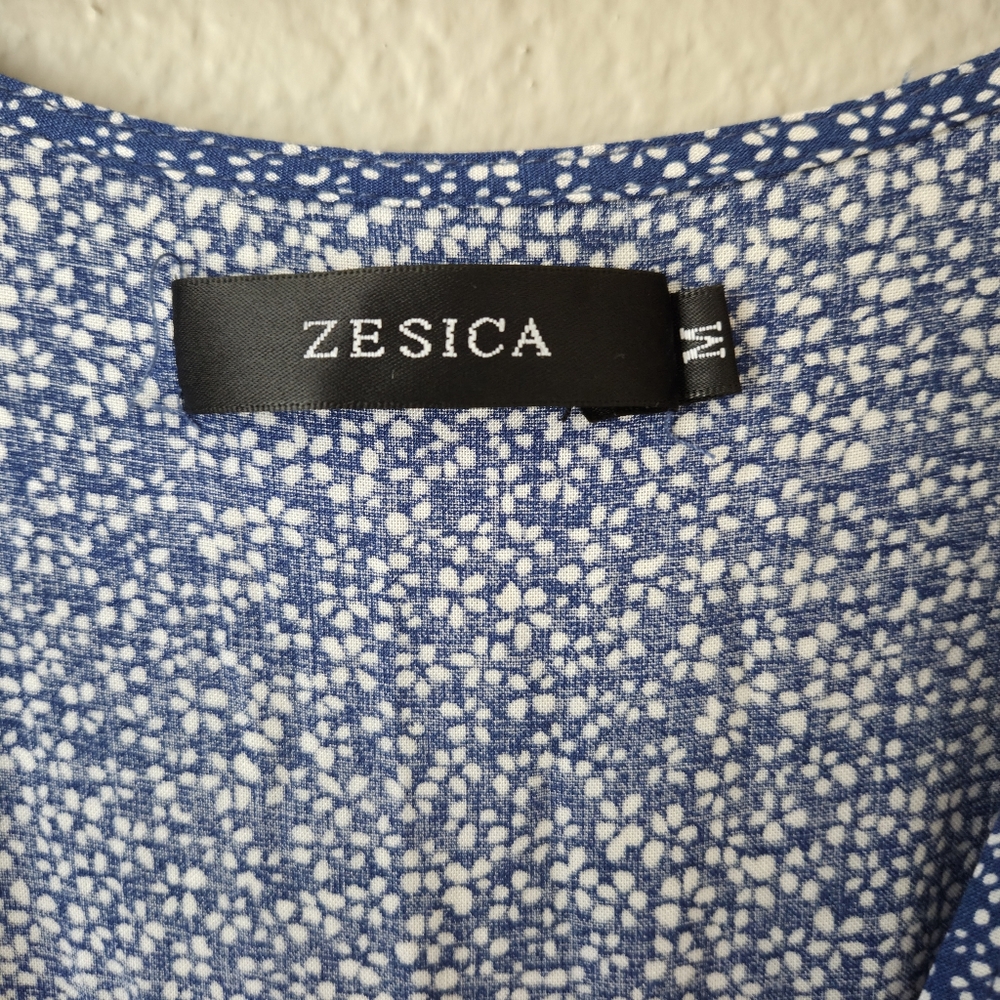 Zesica Wrap Fuffler Midi Dress Womens M Blue/White Floral Short Sleeve VNeck - Picture 10 of 16